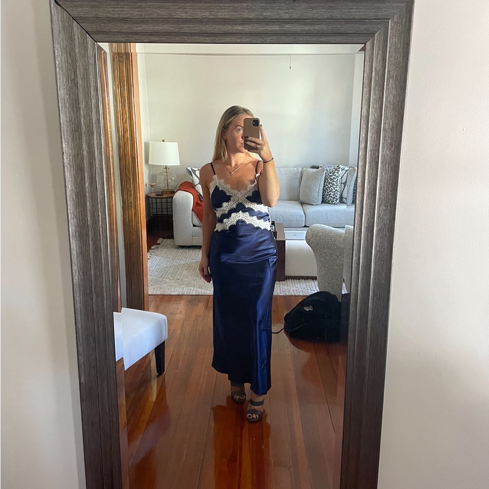 Navy blue silk dress with white lace